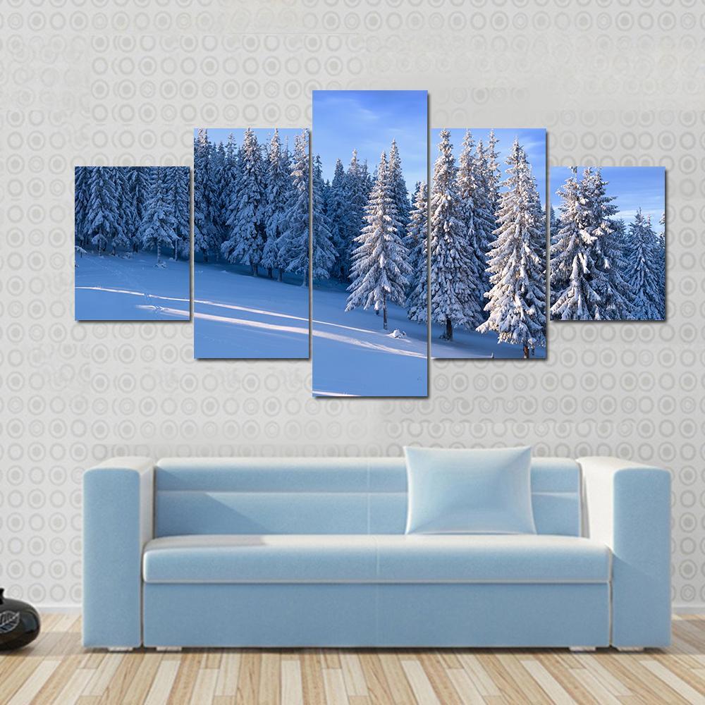 Winter Landscape In Forest Canvas Wall Art-5 Star-Gallery Wrap-62" x 32"-Tiaracle