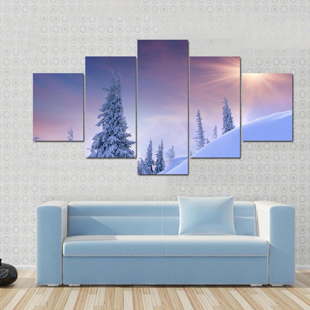 Winter Landscape Sunrise Canvas Wall Art-5 Star-Gallery Wrap-62" x 32"-Tiaracle