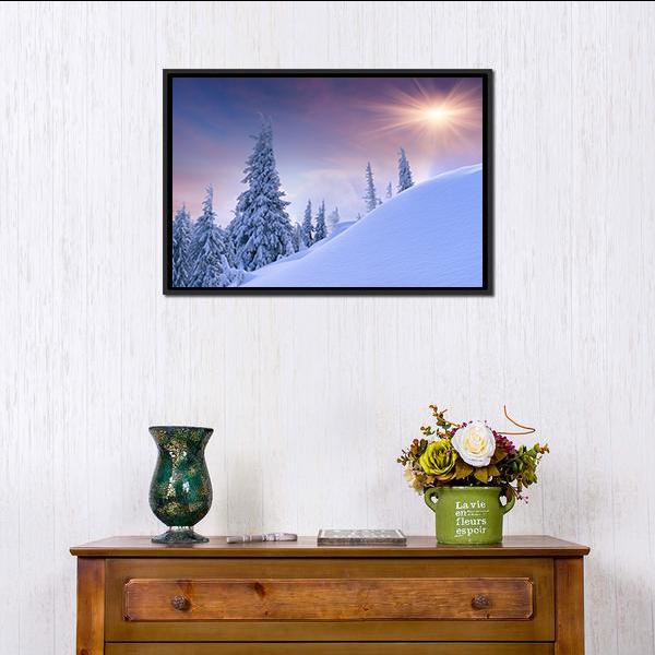 Winter Landscape Sunrise Canvas Wall Art-1 Piece-Floating Frame-24" x 16"-Tiaracle