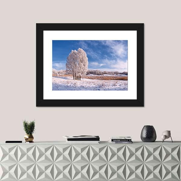 Winter Landscape With Frozen Tree In Field And Blue Sky With Clouds Canvas Wall Art-1 Piece-Framed Print-20" x 16"-Tiaracle