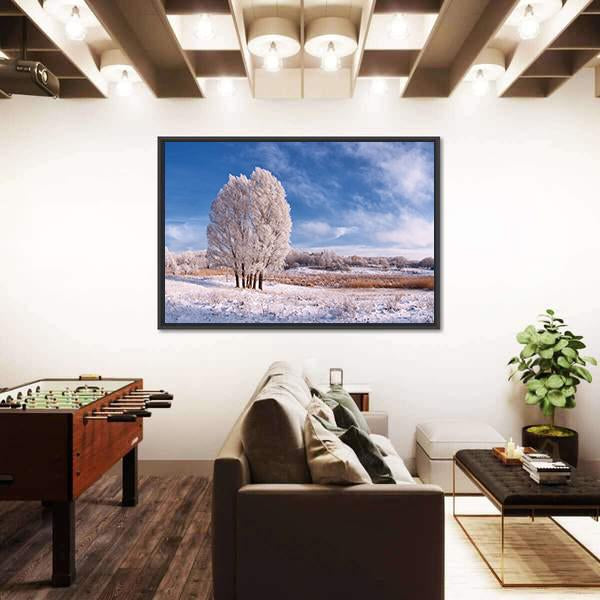 Winter Landscape With Frozen Tree In Field And Blue Sky With Clouds Canvas Wall Art-3 Horizontal-Gallery Wrap-25" x 16"-Tiaracle