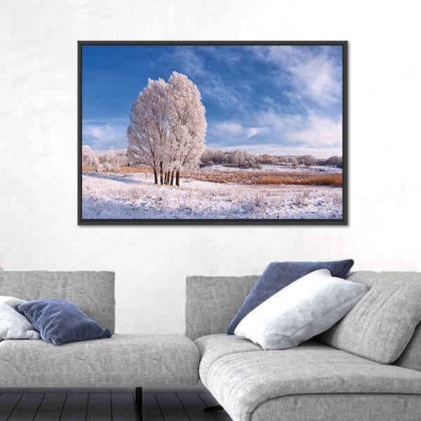 Winter Landscape With Frozen Tree In Field And Blue Sky With Clouds Canvas Wall Art-3 Horizontal-Gallery Wrap-25" x 16"-Tiaracle