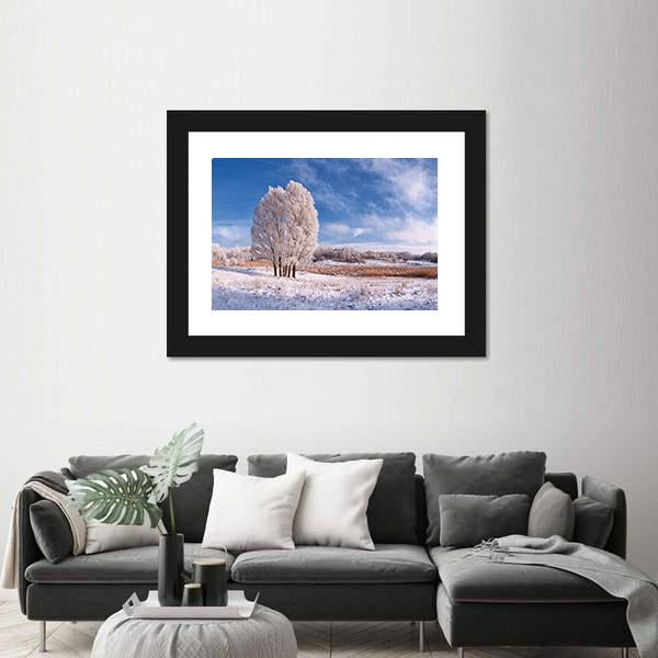 Winter Landscape With Frozen Tree In Field And Blue Sky With Clouds Canvas Wall Art-3 Horizontal-Gallery Wrap-25" x 16"-Tiaracle