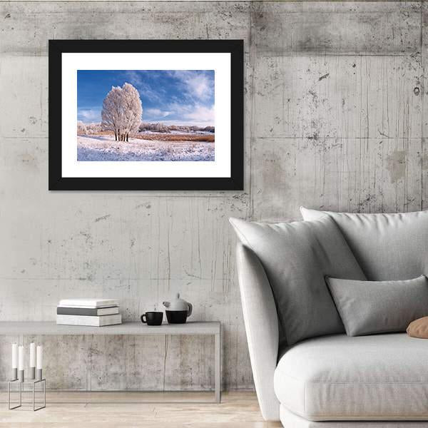 Winter Landscape With Frozen Tree In Field And Blue Sky With Clouds Canvas Wall Art-3 Horizontal-Gallery Wrap-25" x 16"-Tiaracle