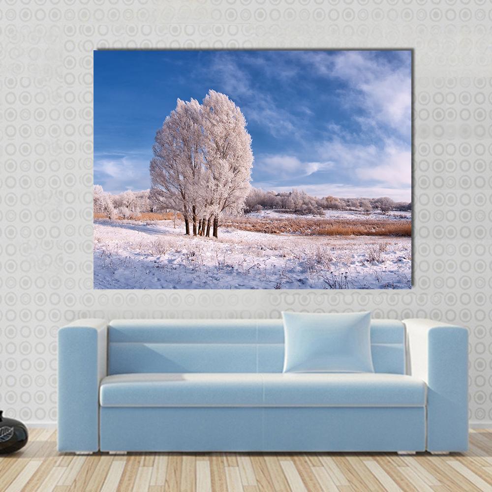 Winter Landscape With Frozen Tree In Field And Blue Sky With Clouds Canvas Wall Art-1 Piece-Gallery Wrap-48" x 32"-Tiaracle