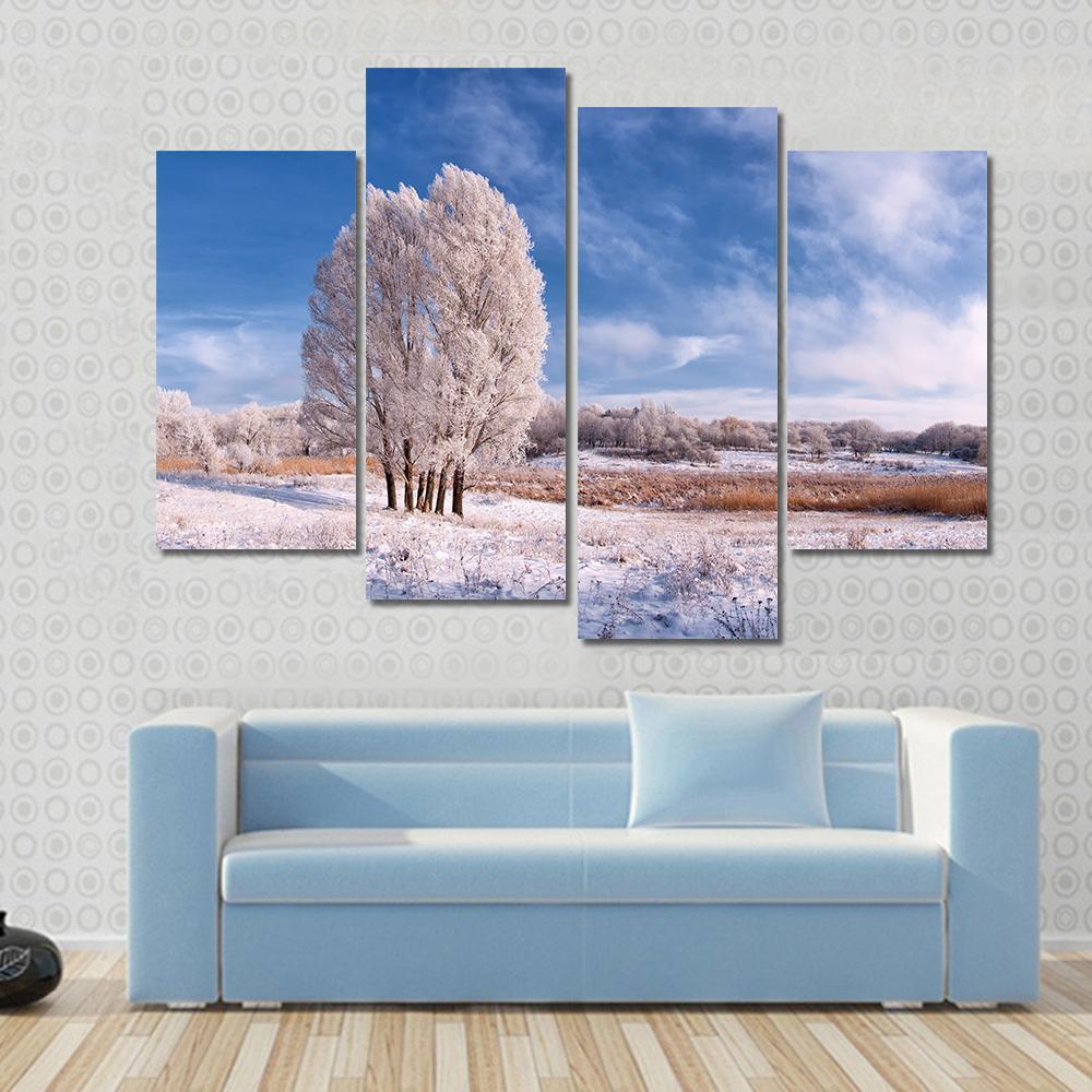 Winter Landscape With Frozen Tree In Field And Blue Sky With Clouds Canvas Wall Art-4 Pop-Gallery Wrap-50" x 32"-Tiaracle