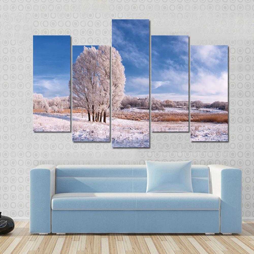 Winter Landscape With Frozen Tree In Field And Blue Sky With Clouds Canvas Wall Art-5 Pop-Gallery Wrap-47" x 32"-Tiaracle