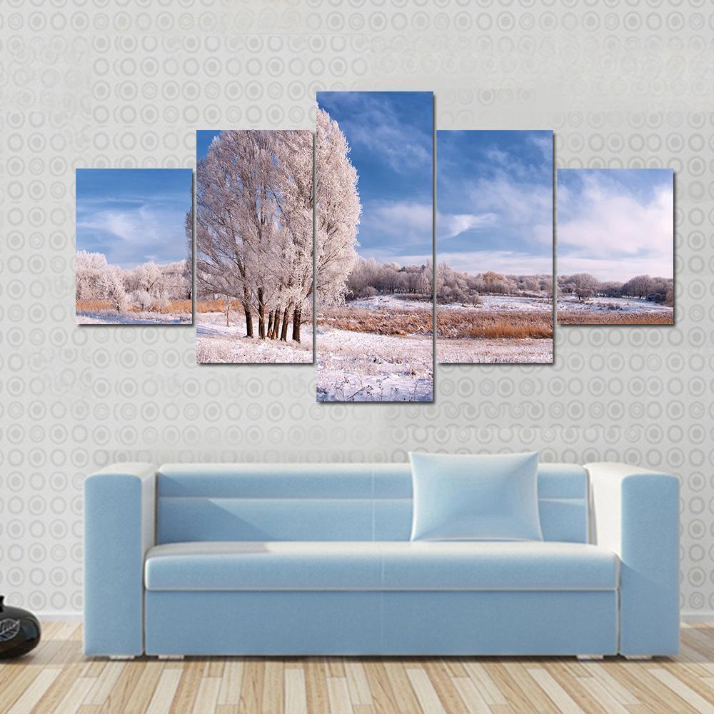 Winter Landscape With Frozen Tree In Field And Blue Sky With Clouds Canvas Wall Art-5 Star-Gallery Wrap-62" x 32"-Tiaracle