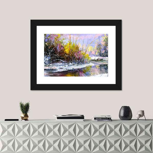 Winter Landscape With Wood River Canvas Wall Art-1 Piece-Framed Print-20" x 16"-Tiaracle