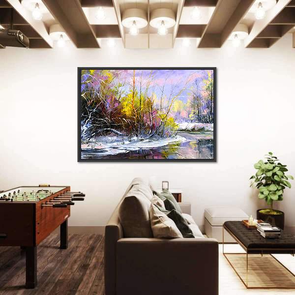 Winter Landscape With Wood River Canvas Wall Art-3 Horizontal-Gallery Wrap-25" x 16"-Tiaracle