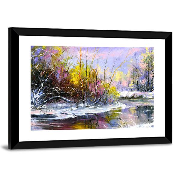 Winter Landscape With Wood River Canvas Wall Art-3 Horizontal-Gallery Wrap-25" x 16"-Tiaracle