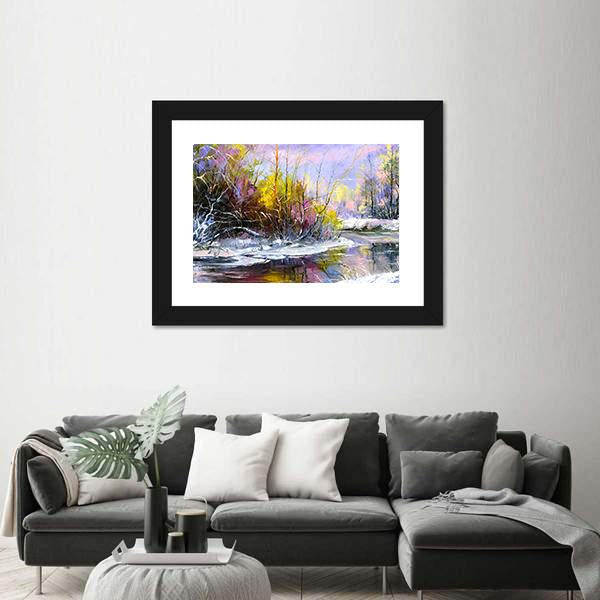 Winter Landscape With Wood River Canvas Wall Art-3 Horizontal-Gallery Wrap-25" x 16"-Tiaracle