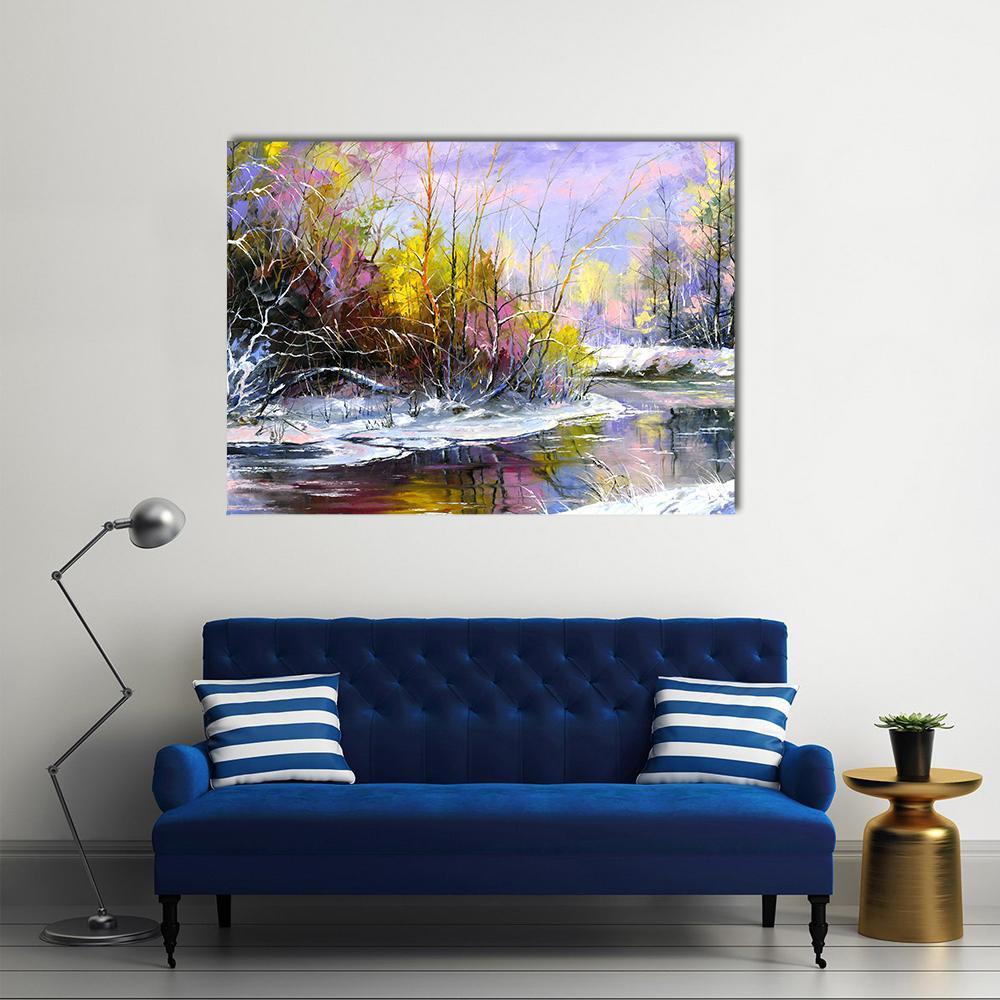 Winter Landscape With Wood River Canvas Wall Art-1 Piece-Gallery Wrap-48" x 32"-Tiaracle