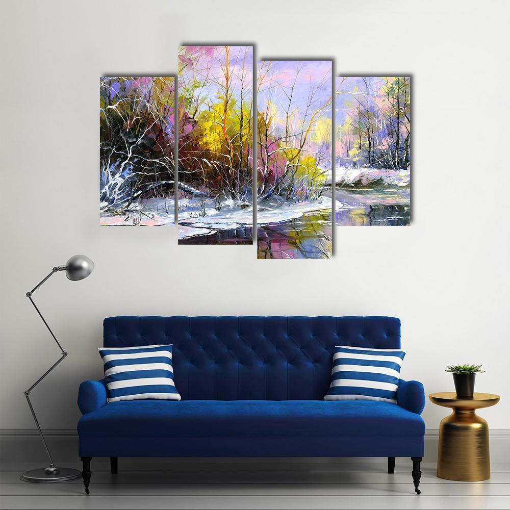 Winter Landscape With Wood River Canvas Wall Art-4 Pop-Gallery Wrap-50" x 32"-Tiaracle