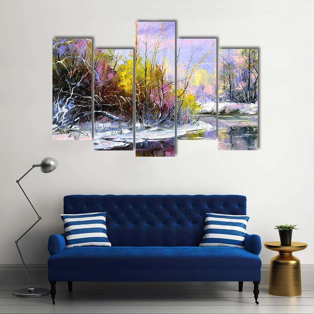 Winter Landscape With Wood River Canvas Wall Art-5 Pop-Gallery Wrap-47" x 32"-Tiaracle