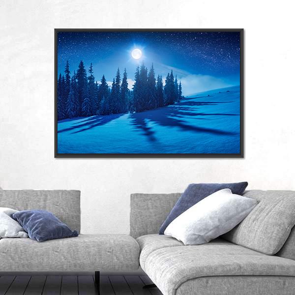 Winter Night In A Mountain Valley Canvas Wall Art-3 Horizontal-Gallery Wrap-25" x 16"-Tiaracle