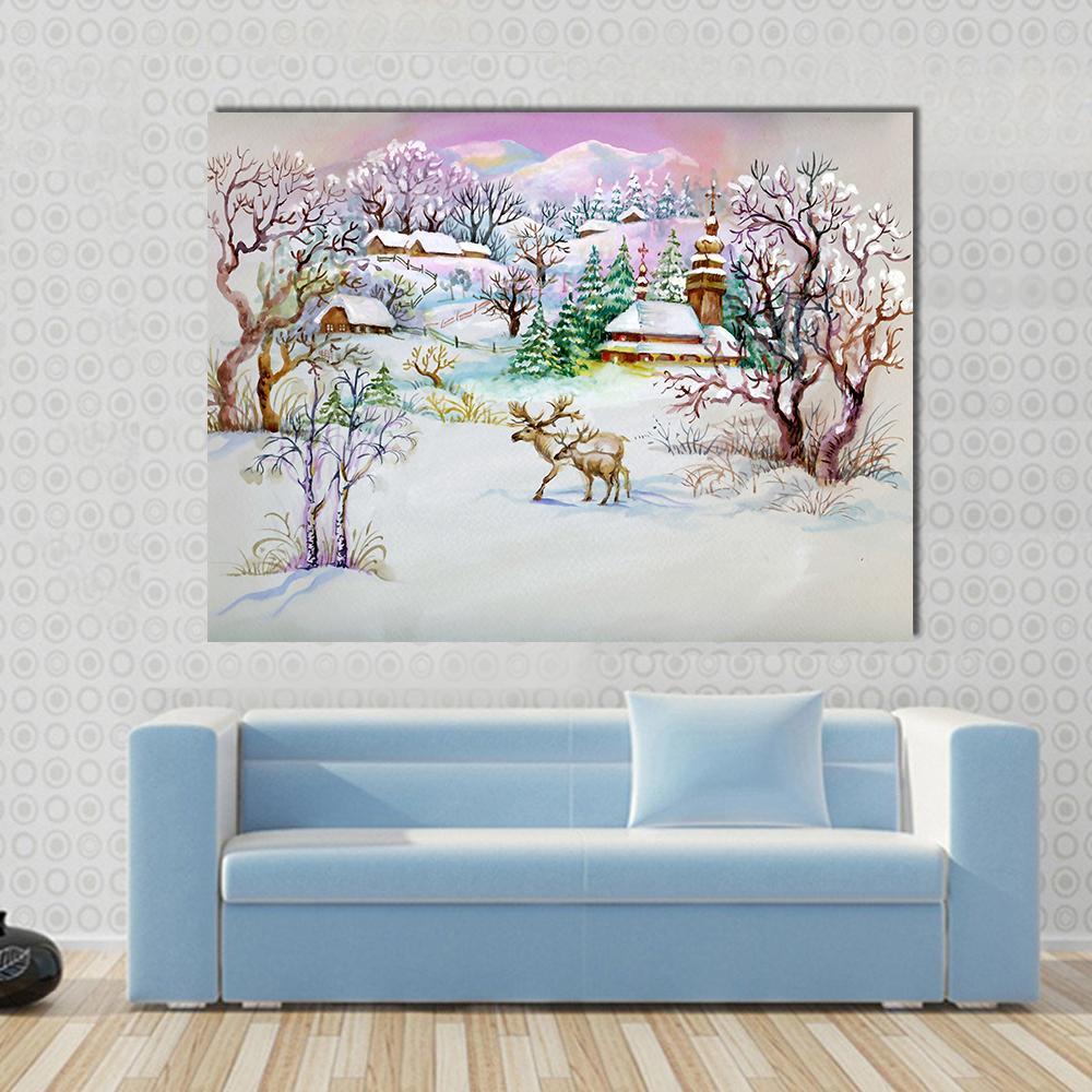 Winter Village Life Canvas Wall Art-1 Piece-Gallery Wrap-48" x 32"-Tiaracle