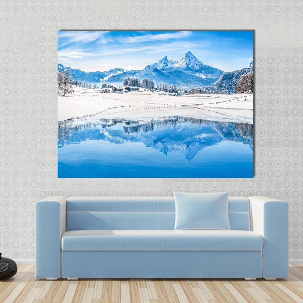 Winter Wonderland Scenery In The Alps With Snowy Mountain Canvas Wall Art-1 Piece-Gallery Wrap-48" x 32"-Tiaracle