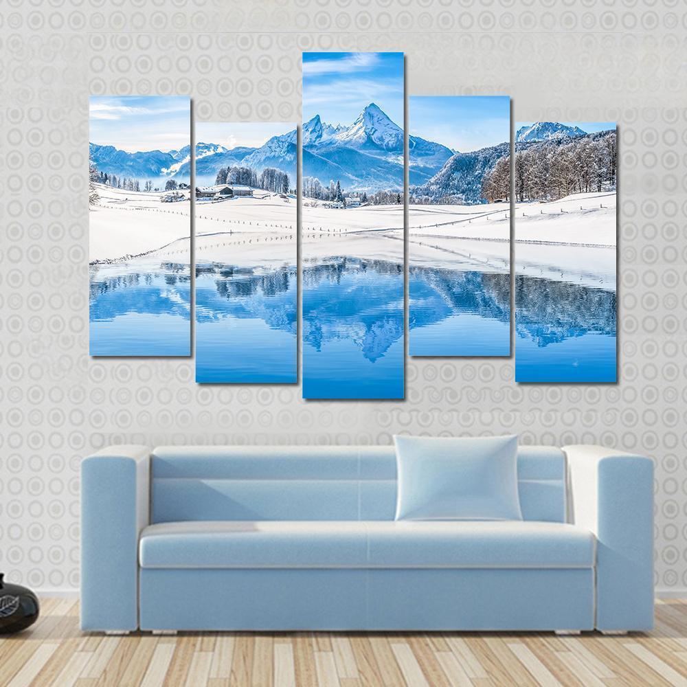 Winter Wonderland Scenery In The Alps With Snowy Mountain Canvas Wall Art-5 Pop-Gallery Wrap-47" x 32"-Tiaracle