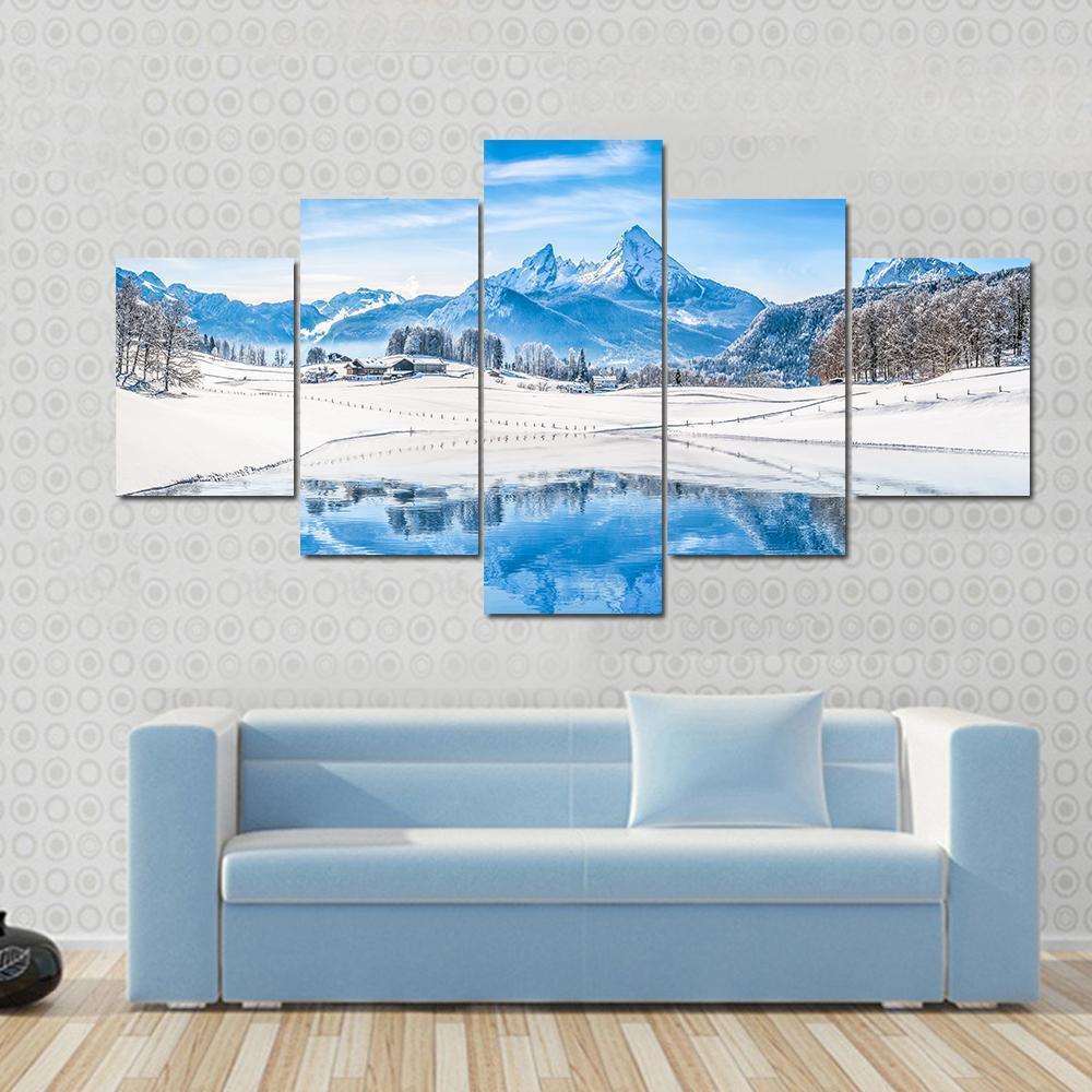 Winter Wonderland Scenery In The Alps With Snowy Mountain Canvas Wall Art-5 Star-Gallery Wrap-62" x 32"-Tiaracle