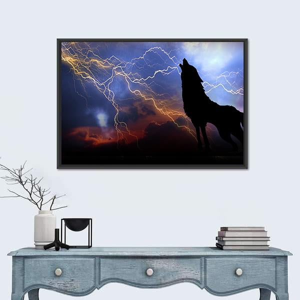 Wolf Howling In Thunder Canvas Wall Art-1 Piece-Floating Frame-24" x 16"-Tiaracle