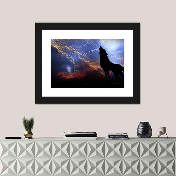 Wolf Howling In Thunder Canvas Wall Art-1 Piece-Framed Print-20" x 16"-Tiaracle