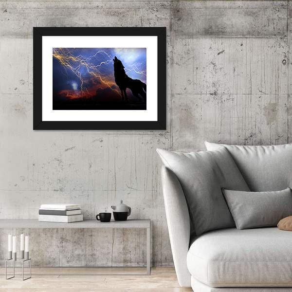 Wolf Howling In Thunder Canvas Wall Art-3 Horizontal-Gallery Wrap-25" x 16"-Tiaracle