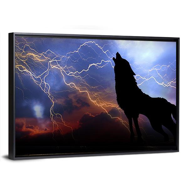 Wolf Howling In Thunder Canvas Wall Art-3 Horizontal-Gallery Wrap-25" x 16"-Tiaracle