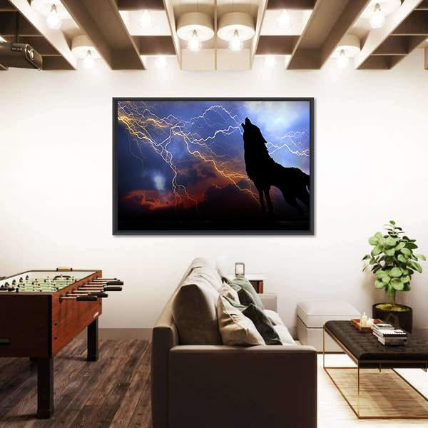 Wolf Howling In Thunder Canvas Wall Art-3 Horizontal-Gallery Wrap-25" x 16"-Tiaracle