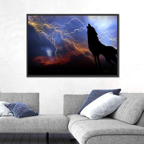 Wolf Howling In Thunder Canvas Wall Art-3 Horizontal-Gallery Wrap-25" x 16"-Tiaracle