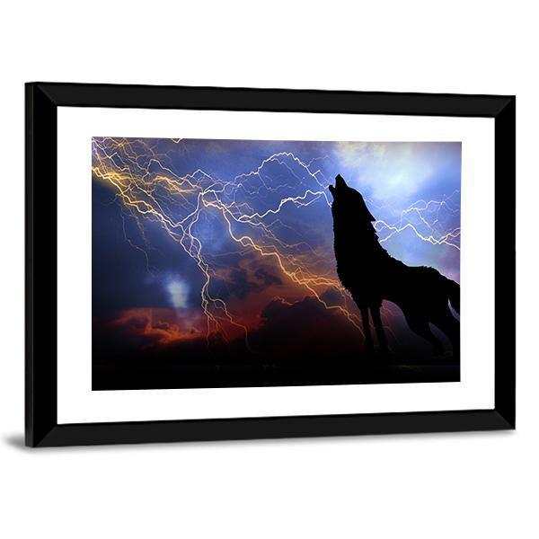 Wolf Howling In Thunder Canvas Wall Art-3 Horizontal-Gallery Wrap-25" x 16"-Tiaracle