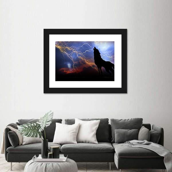 Wolf Howling In Thunder Canvas Wall Art-3 Horizontal-Gallery Wrap-25" x 16"-Tiaracle