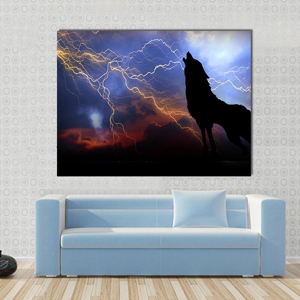 Wolf Howling In Thunder Canvas Wall Art-1 Piece-Gallery Wrap-48" x 32"-Tiaracle