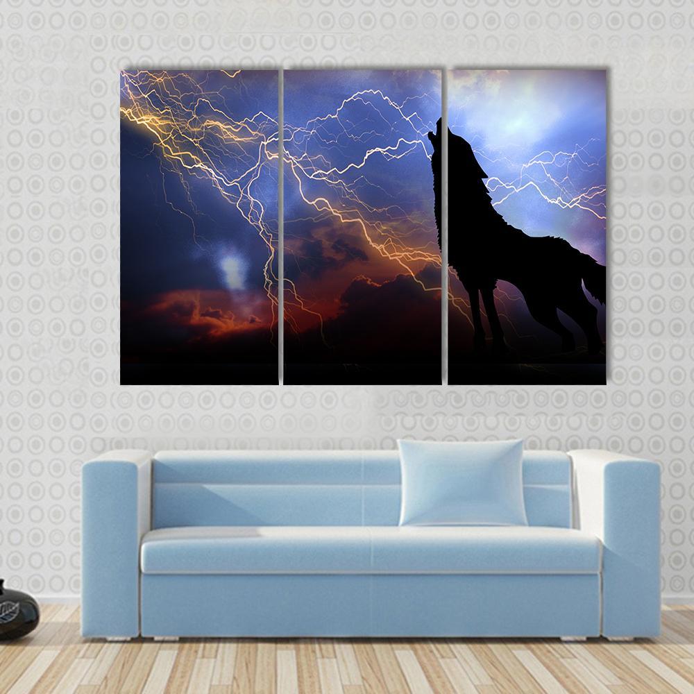 Wolf Howling In Thunder Canvas Wall Art-3 Horizontal-Gallery Wrap-37" x 24"-Tiaracle