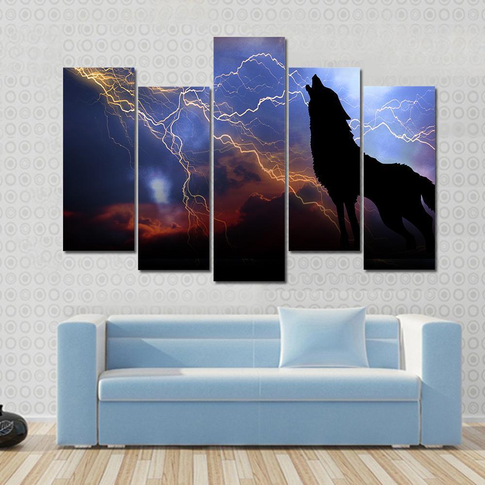 Wolf Howling In Thunder Canvas Wall Art-5 Pop-Gallery Wrap-47" x 32"-Tiaracle