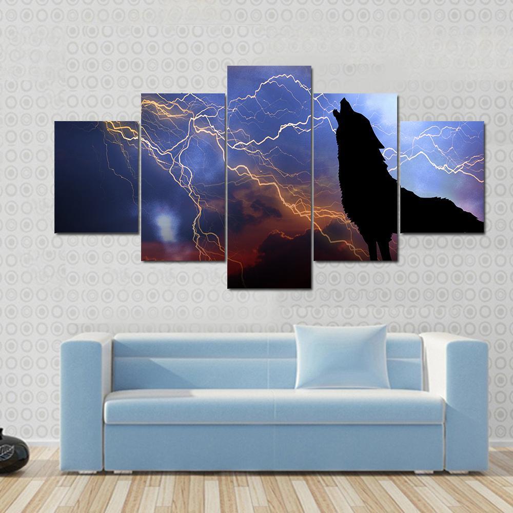 Wolf Howling In Thunder Canvas Wall Art-5 Star-Gallery Wrap-62" x 32"-Tiaracle