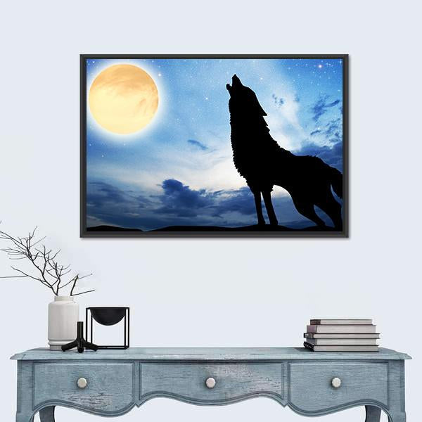 Wolf Sillhouttee Infront Of Moon Canvas Wall Art-1 Piece-Floating Frame-24" x 16"-Tiaracle