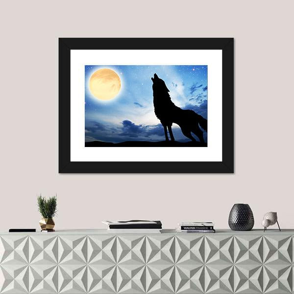 Wolf Sillhouttee Infront Of Moon Canvas Wall Art-1 Piece-Framed Print-20" x 16"-Tiaracle