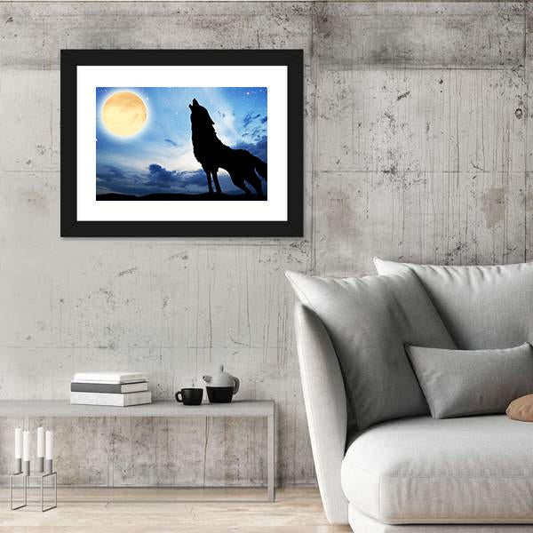 Wolf Sillhouttee Infront Of Moon Canvas Wall Art-3 Horizontal-Gallery Wrap-25" x 16"-Tiaracle