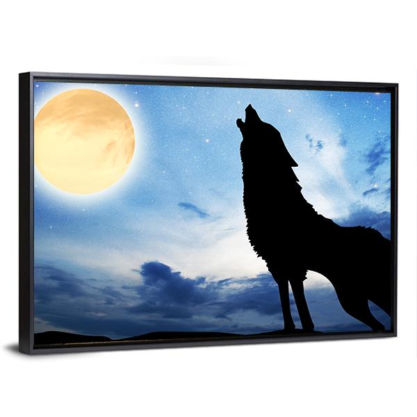 Wolf Sillhouttee Infront Of Moon Canvas Wall Art-3 Horizontal-Gallery Wrap-25" x 16"-Tiaracle