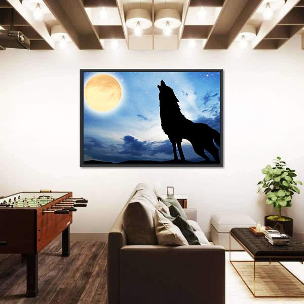 Wolf Sillhouttee Infront Of Moon Canvas Wall Art-3 Horizontal-Gallery Wrap-25" x 16"-Tiaracle