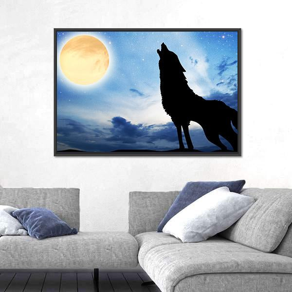 Wolf Sillhouttee Infront Of Moon Canvas Wall Art-3 Horizontal-Gallery Wrap-25" x 16"-Tiaracle