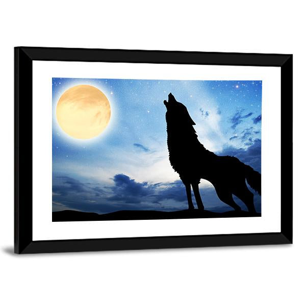 Wolf Sillhouttee Infront Of Moon Canvas Wall Art-3 Horizontal-Gallery Wrap-25" x 16"-Tiaracle