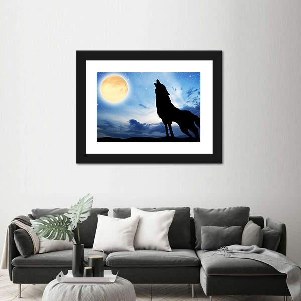 Wolf Sillhouttee Infront Of Moon Canvas Wall Art-3 Horizontal-Gallery Wrap-25" x 16"-Tiaracle