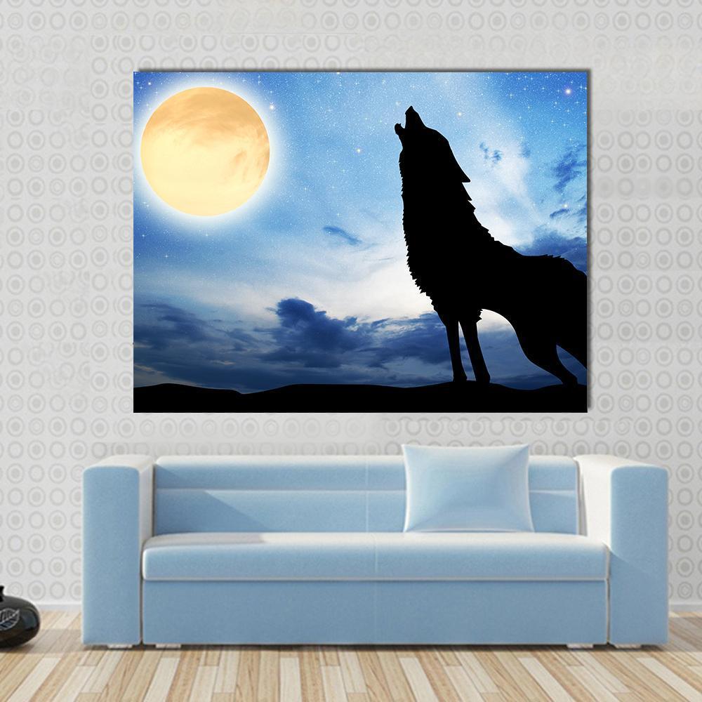 Wolf Sillhouttee Infront Of Moon Canvas Wall Art-1 Piece-Gallery Wrap-48" x 32"-Tiaracle