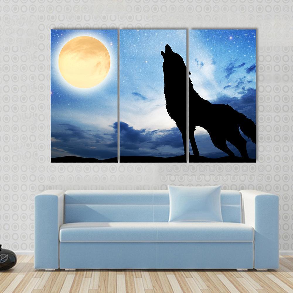 Wolf Sillhouttee Infront Of Moon Canvas Wall Art-3 Horizontal-Gallery Wrap-37" x 24"-Tiaracle