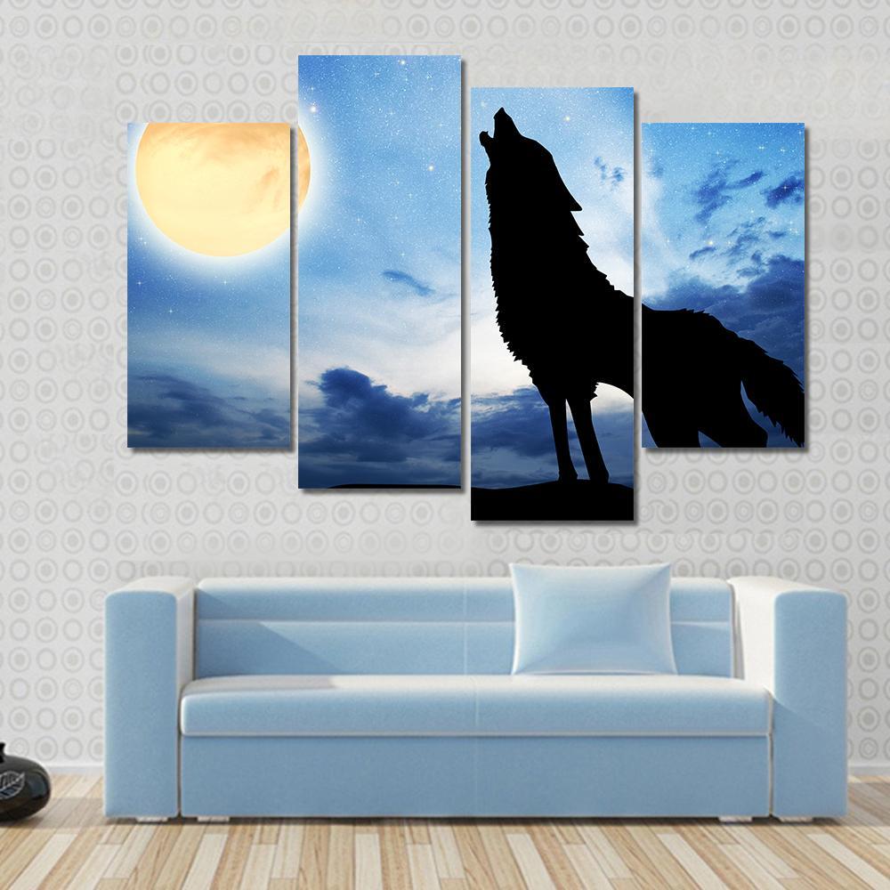 Wolf Sillhouttee Infront Of Moon Canvas Wall Art-4 Pop-Gallery Wrap-50" x 32"-Tiaracle