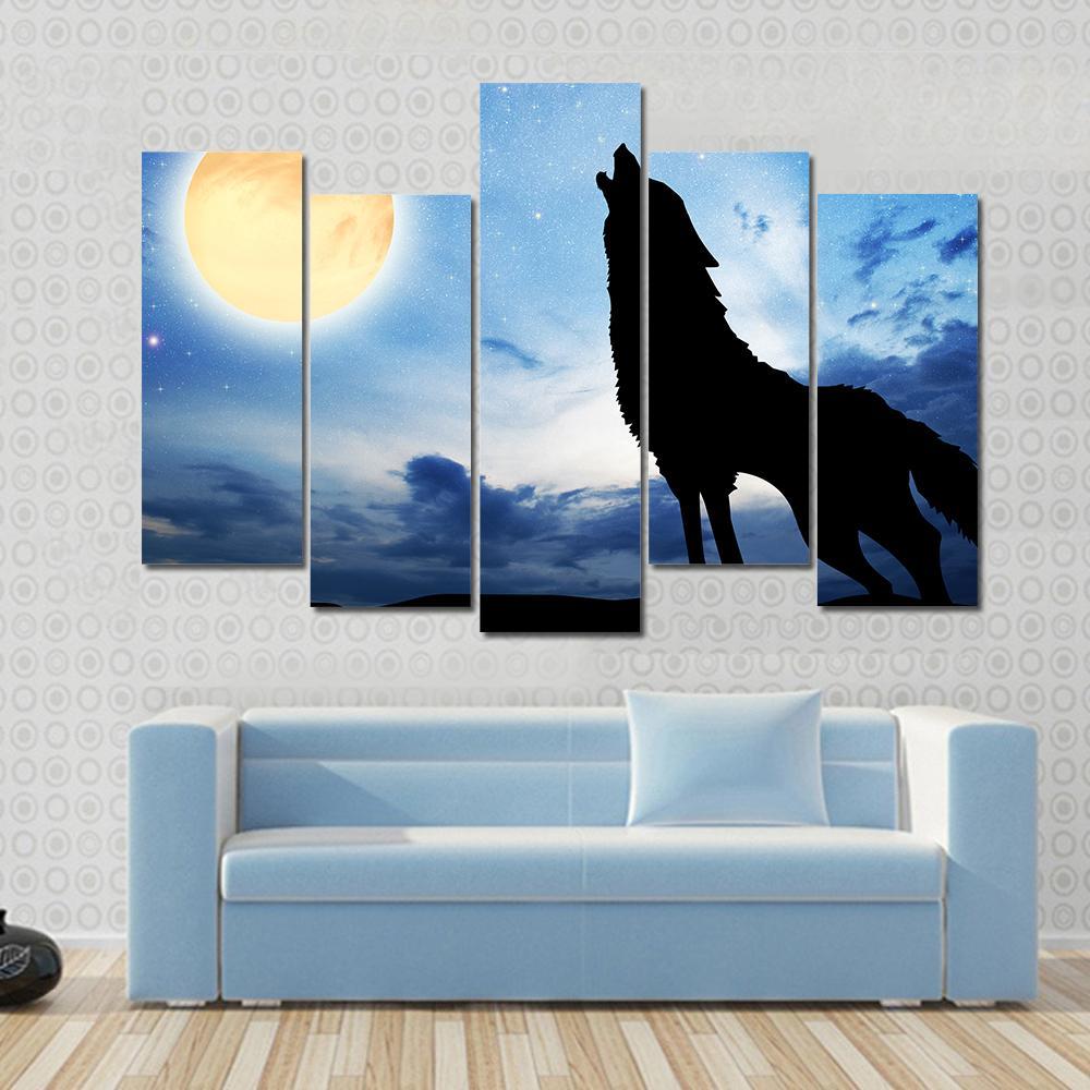 Wolf Sillhouttee Infront Of Moon Canvas Wall Art-5 Pop-Gallery Wrap-47" x 32"-Tiaracle