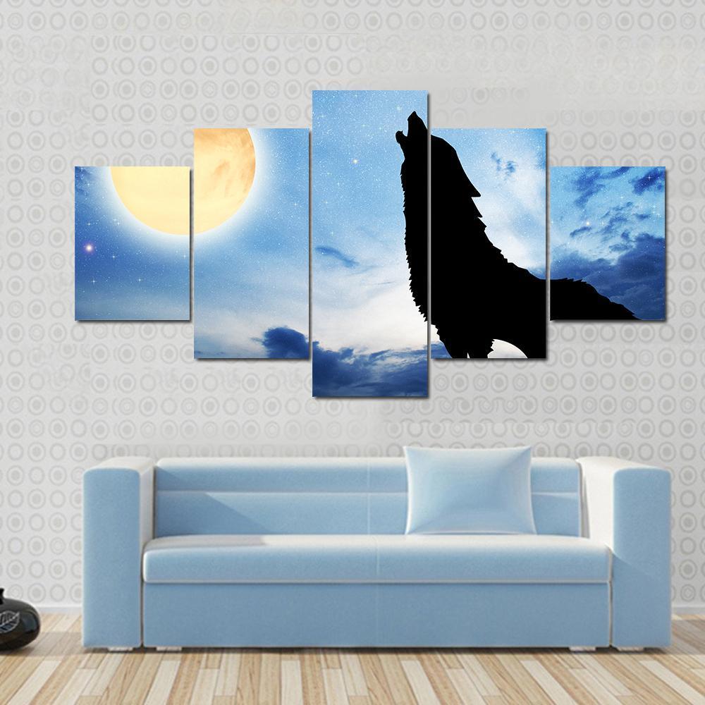 Wolf Sillhouttee Infront Of Moon Canvas Wall Art-5 Star-Gallery Wrap-62" x 32"-Tiaracle