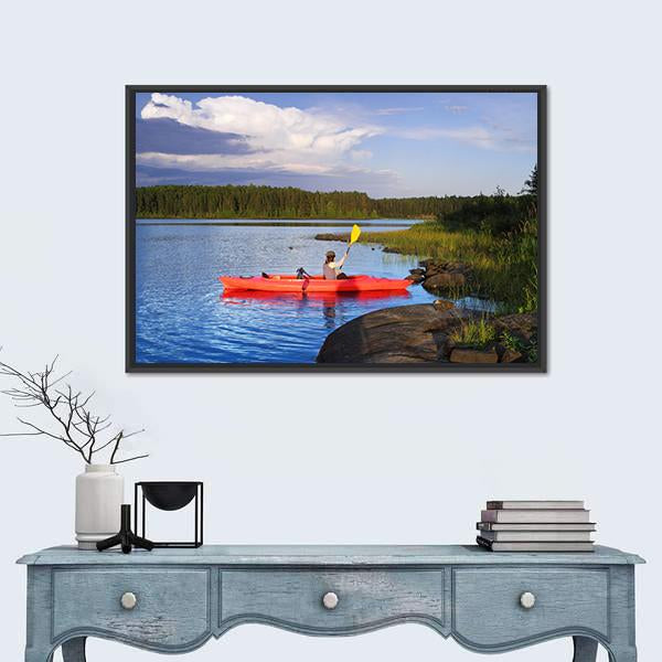 Woman Canoeing In A Beautiful Lake At Sunset Canvas Wall Art-1 Piece-Floating Frame-24" x 16"-Tiaracle